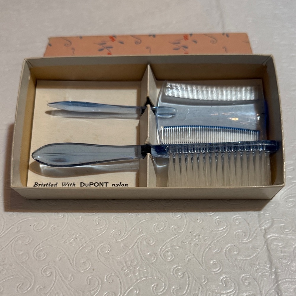 Vintage DuPont Baby's Clear Blue Vanity Brush & Comb Set